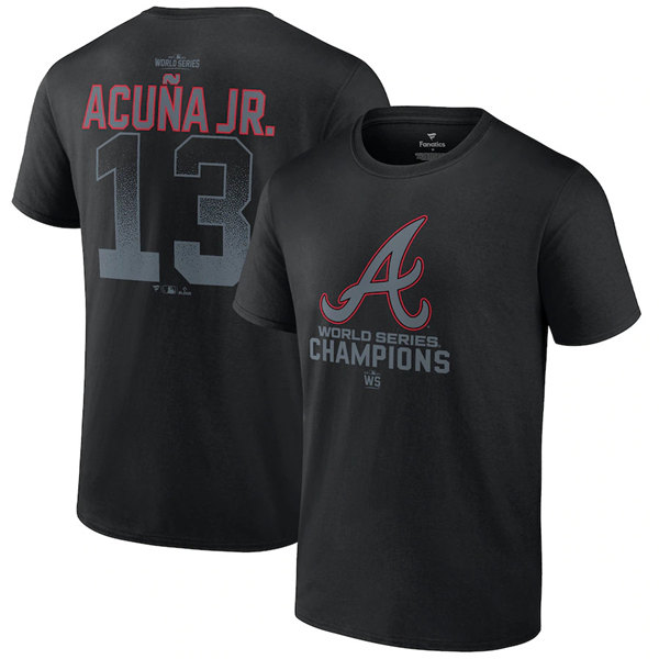 Men's Atlanta Braves #13 Ronald Acuña Jr. Black 2021 World Series Champions Name & Number T-Shirt